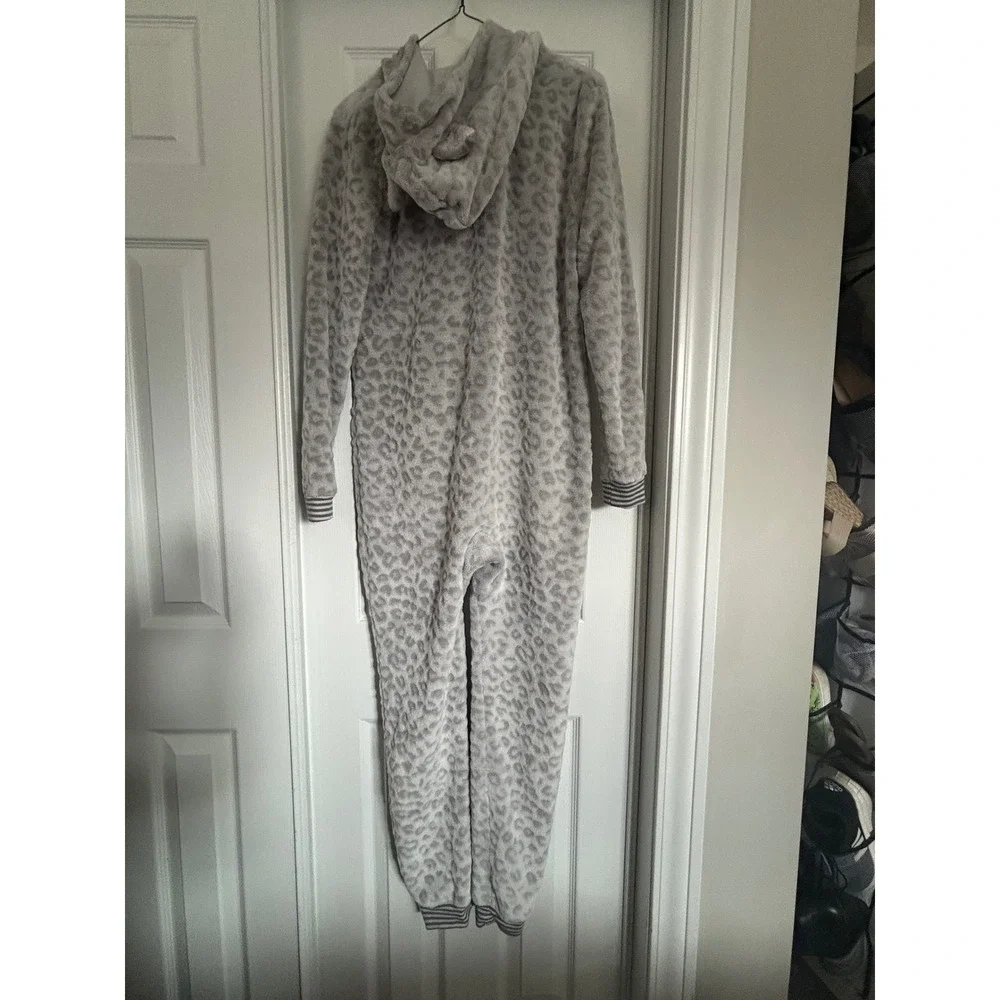 Cat & Jack Girls Grey Leopard Print Fleece Hooded One Piece Pajama Union Suit XL